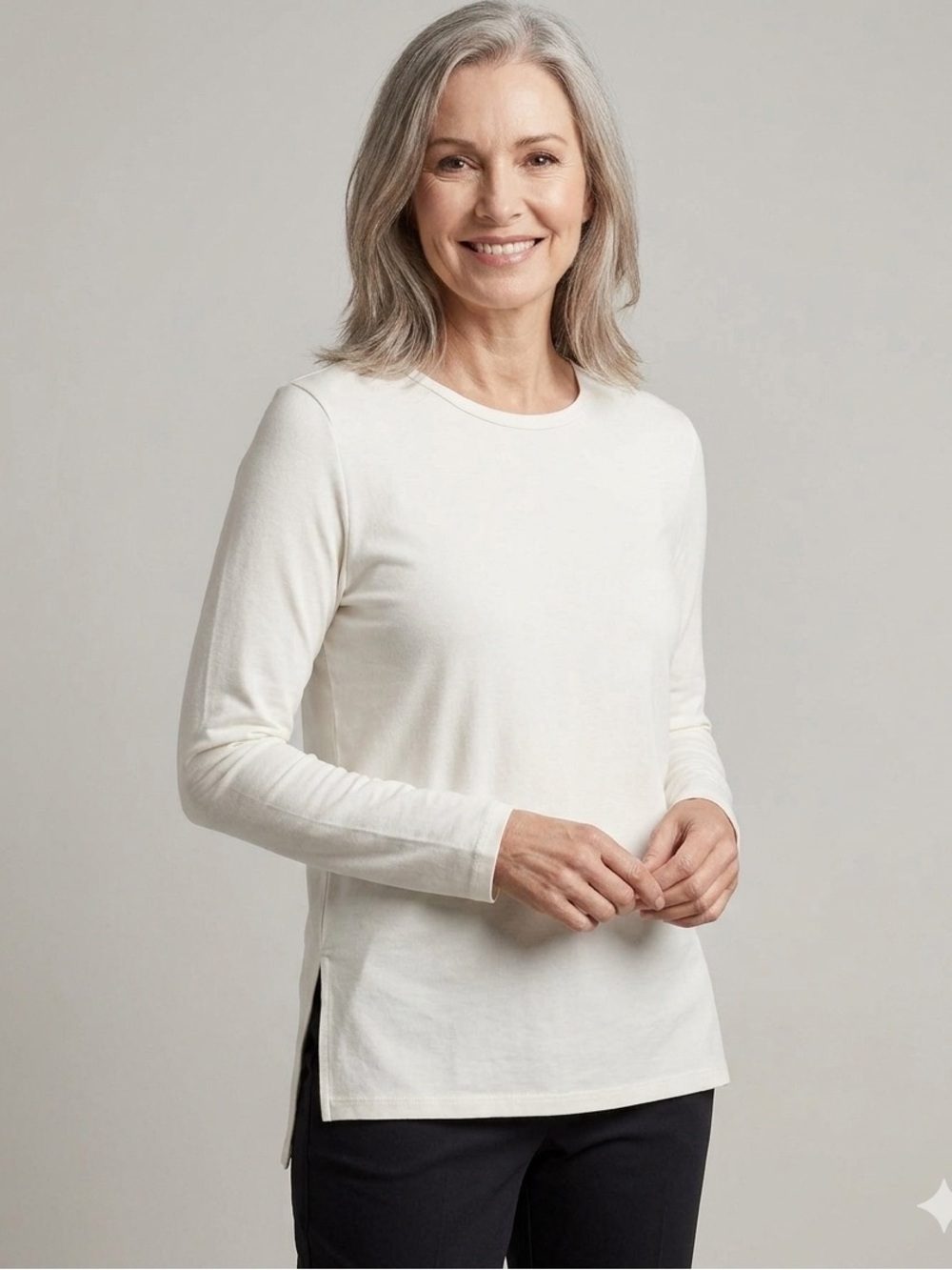 Anne French Classic Cream Long-Sleeve Crewneck Shirt, Women’s Size Medium Shirt